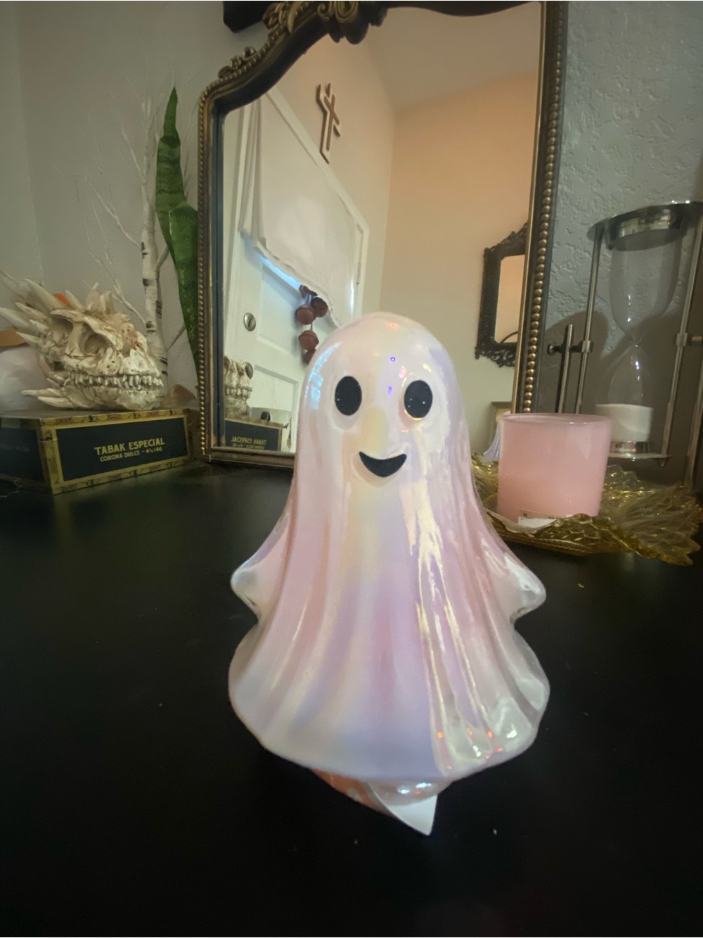 Iridescent Pink Ghost Figurine Cute Ceramic Decor